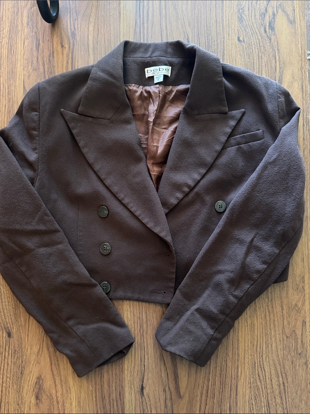 bebe Cropped Double-Breasted Blazer in Dark Brown